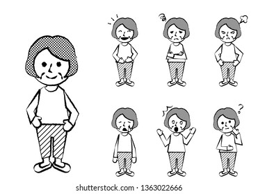 Set of various facial expressions. Whole body of elderly women character. Vector illustration.
