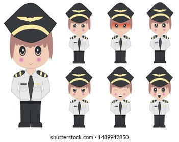 Set of various facial expressions. Whole body of male pilot character  - Vector