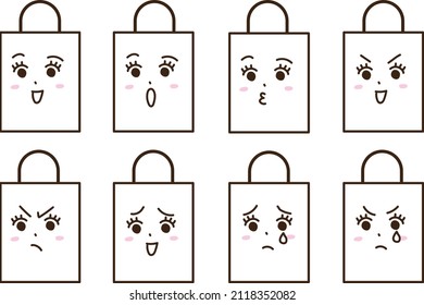 A set of various facial expressions of a woman drawn on a handbag