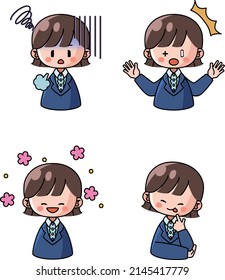 Set of various facial expressions of women in suits