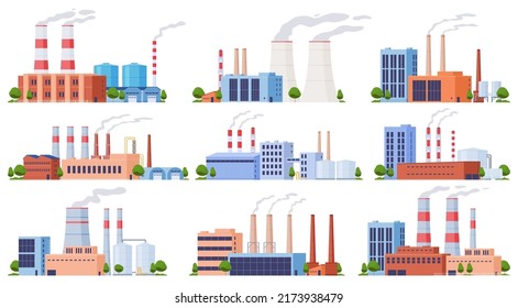 A set of various factories. Production of various items, heavy metallurgy. Industrial buildings with pipes. Vector illustration