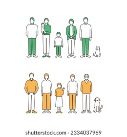 Set of various families. Grandparents, parents, children, grandchildren and pet. simple full body illustration