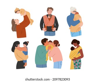 Set of various families with newborn baby and toddlers. Happy parents hug children. Vector hand drawn collection in flat cartoon style. Isolated on white background.