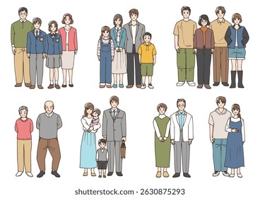 Set of various family illustrations in cartoon style
