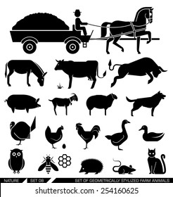 Set of various farm animal icons: horse, cow, goat, sheep, dog, cat, chicken, turkey. Vector illustration. Set of geometrically stylized farm animals.