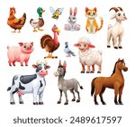 Set of various farm animals including cow, sheep, goat, and horse. Vector cartoon illustration