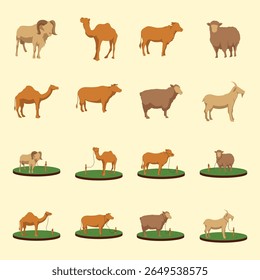 Set of various farm animals, including camels, sheep, goats, and cows, rendered in a flat design style. The animals are depicted in profile view and are situated on small grassy platforms.