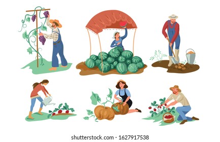 Set of various farmer people collecting natural eco food from the garden. Vector illustration in flat cartoon style.