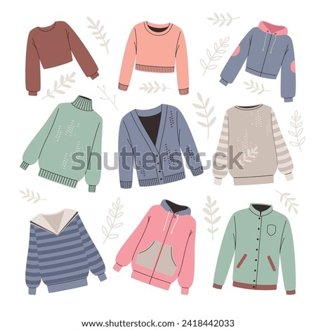 Set of various fashionable jackets and sweaters on a white background. Vector of jacket and sweater, fashion clothing illustration