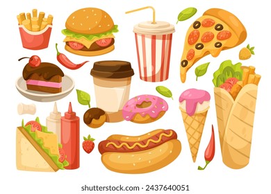 Set of various fast food. Collection of sandwiches, fried potato, pizza, soda, snacks, hot dog, burger, coffee, cake, ice cream. Isolated on white background. Vector illustration