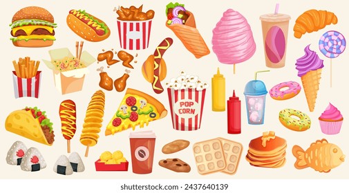 Set of various fast food. Collection of sandwiches, fried potato, pizza, tacos, burritos, cotton candy, hot dog, burger, cake, ice cream. Isolated on white background. Vector illustration