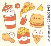 Set of various fast food with cute cat kawaii cartoon style 