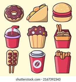 Set of various fast food, dessert and drink in cartoon style, vector illustration