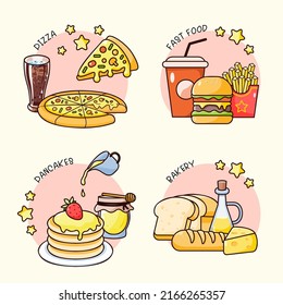 Set of various fast food and drink in cartoon style. Tasty set fast food many meal and unhealthy fast food  soft drink, pizza, french fries, pancake, bread, butter, hamburger