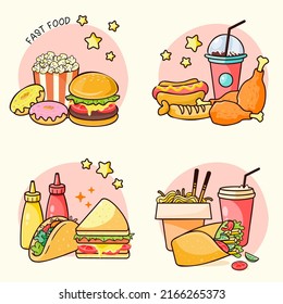 Set of various fast food and drink in cartoon style. Tasty set fast food many meal and unhealthy Soft drink, popcorn, burger, donut, hot dog, sausage, bread, sandwich, noodle, bakery, fried chicken,