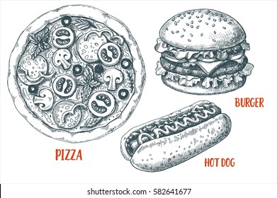 Hier gibt es verschiedene Fast-Food-Gerichte. hot dog, hamburger, pizza. Handgezeichnete Illustration