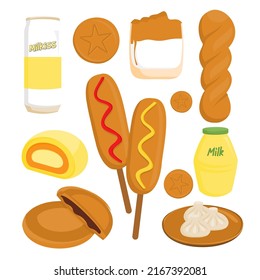 Set of various fast food and japanese food with dessert and drink in cartoon style, vector illustration