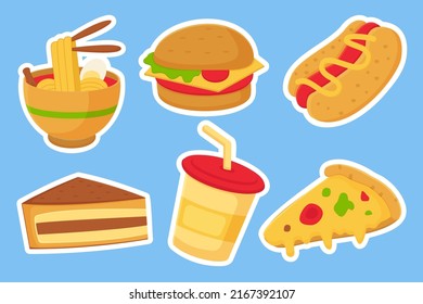 Set of various fast food and japanese food with dessert and drink in cartoon style, vector illustration