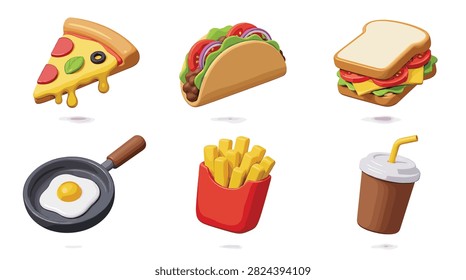 Set of various fast food meals and snacks in pixel art style for gaming icons