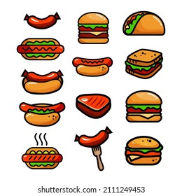 Set with various fast food. Sandwich, hot dog, hamburger, taco, sausage. Vector icons set in simple style, isolated on white background.