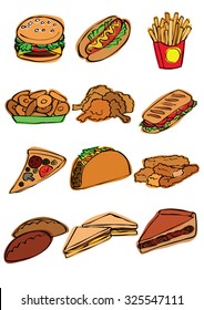 Set with various fastfood. Vector
