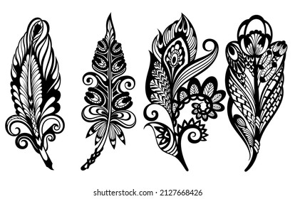 Set of Various Feather Illustration Design, Black Feather Silhouette Template Vector