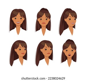 Montaje de varias caras emocionales femeninas. Mujer joven con diferentes expresiones faciales. Dibujo vectorial de creación de caracteres de chica bruneana