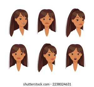 Set of various female emotional faces. Young woman with different facial expressions, smiling, surprised, scared, upset. Girl character creation vector illustration
