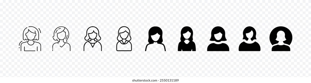 Un conjunto de varios iconos femeninos, conjunto de iconos de cabello corto, icono de cabello largo de mujer para salón de belleza, conjunto de iconos femeninos. Símbolo de Vector de cara de niña. Signo de Avatar Femenino. 