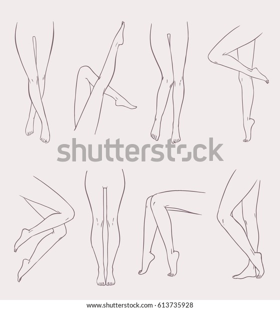 设置各种女性腿 手绘轮廓女人脚在不同的姿势 黑白矢量插图集合 库存矢量图 免版税