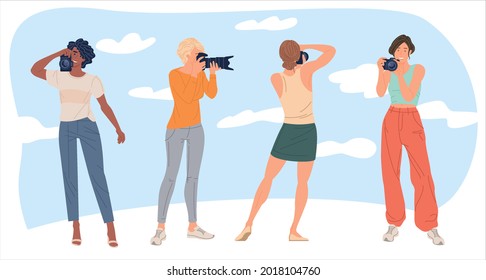 Set of various female photographers holding photo camera. Cute cartoon characters taking photo shot. Flat style vector illustration.