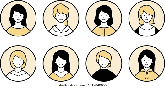 A set of various female round frame icons.