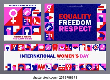 Set of various Feminist geometric banners, posters with protest symbols, feminism icons, gender equality signs, Woman rights illustrations. International Women's Day, Women's History Month bold cards
