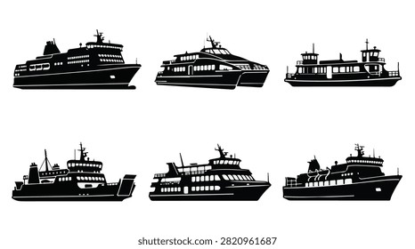 A set of various ferryboat silhouette vector icon illustrations on a white background