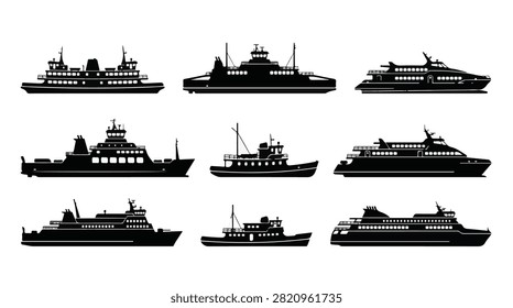 A set of various ferryboat silhouette vector icon illustrations on a white background