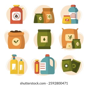 Set of various fertilizer and gardening product packages. Seeds, pesticides, plant food, soil nutrients and liquid bottles. Farming, garden and agriculture concept. Flat isolated vector illustration.