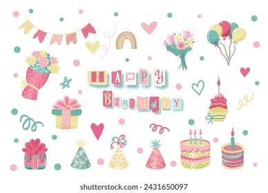 Set of various festive elements for a birthday party. Collection of simple and cute items for design. Vector hand drawn illustration. Magazine style letters