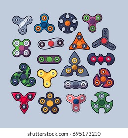 Set of various fidget spinners icons. Design for stickers, logo, web and mobile app. Isolated vector illustration.