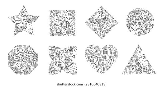 Set various figures of topographic line map. Wood rings, vector line circle of outdoor concept. Outline pattern for outdoor logo templates. Contours of tree, concepts for expedition logotype.