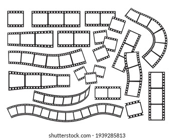 Conjunto de varias tiras de película. Colección de siluetas de película fotográfica para el desarrollo de cuadros. Ilustración vectorial de la tira de película de cine en blanco aislada sobre fondo blanco.