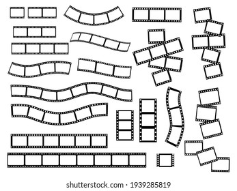 Set of various film strips. A collection of silhouettes of photographic film for the development of frames. Vector illustration of blank cinema film strip isolated on white background.