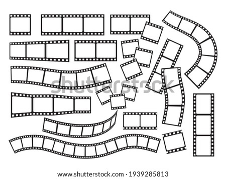 Set of various film strips. A collection of silhouettes of photographic film for the development of frames. Vector illustration of blank cinema film strip isolated on white background.