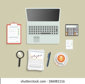 Set of various financial service items, business management symbol, marketing items and office equipment