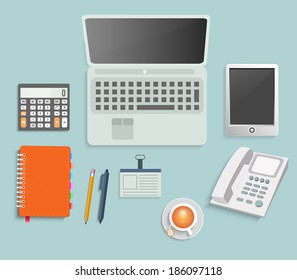 Set of various financial service items, business management symbol, marketing items and office equipment