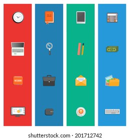 Set of various financial service items, business management symbol, marketing items and office equipment in flat style