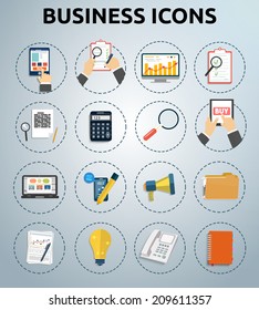 Set of various financial service items, business management symbol, marketing items and office equipment