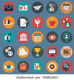 Set of various financial service items, web and technology development, business management symbol, marketing items and office equipment on background.