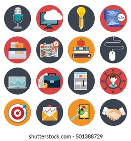 Set of various financial service items, web and technology development, business management symbol, marketing items and office equipment on background.