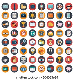 Set of various financial service items, web and technology development, business management symbol, marketing items and office equipment on background.