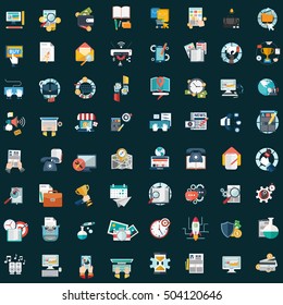 Set of various financial service items, web and technology development, business management symbol, marketing items and office equipment on background.